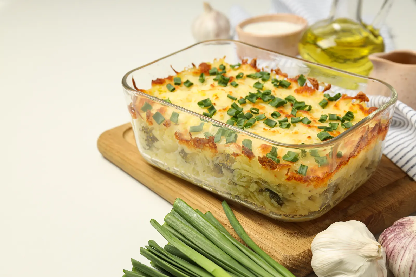 Glass baking dish with a baked casserole, an everyday use of heat-resistant glass